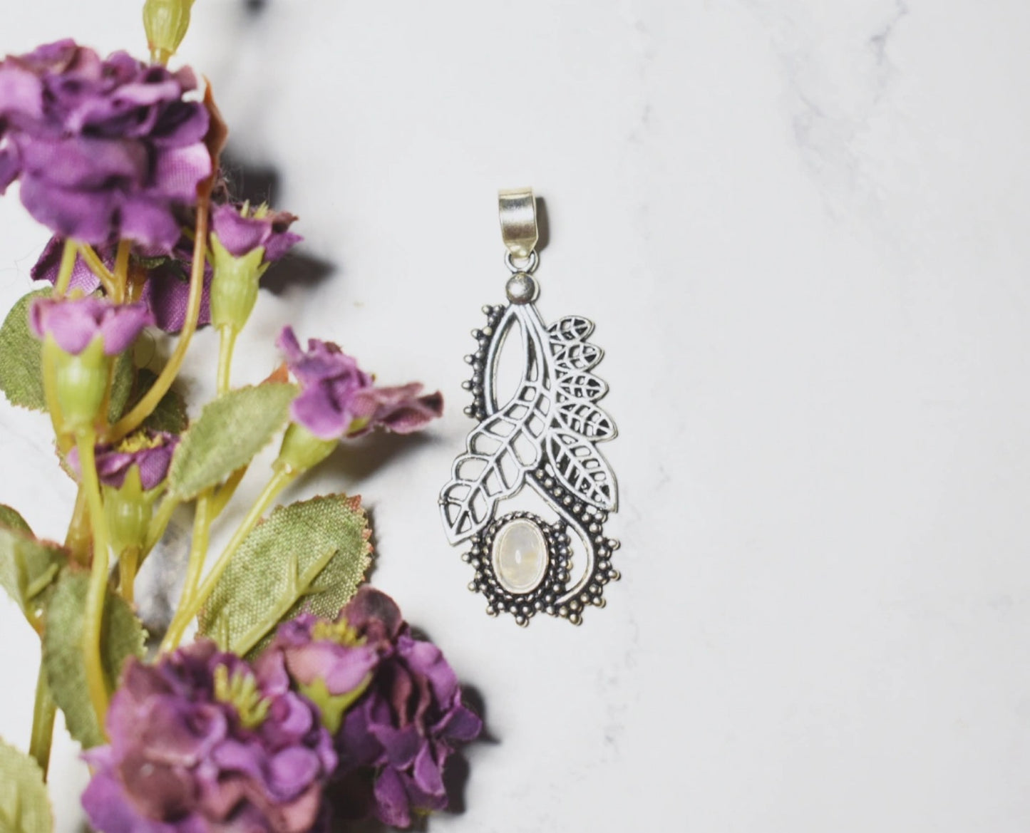 Moonstone Pendant – Plated 925 Sterling Silver, Boho Leaf Design