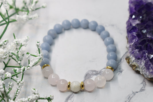 Bracelet with angelite stone, rose quartz, and moonstone, handmade in Québec