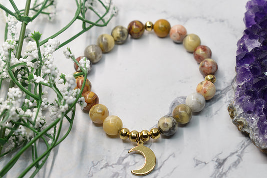 Crazy lace agate stone bracelet, 8mm, crescent moon, made in Quebec