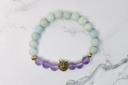 Amazonite stone and amethyst bracelet with owl charm, handmade in Québec