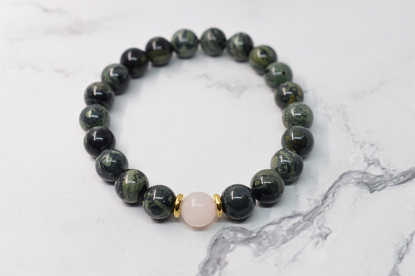 Bracelet pierre de jaspe Kambaba et quartz rose, fait à la main au Québec