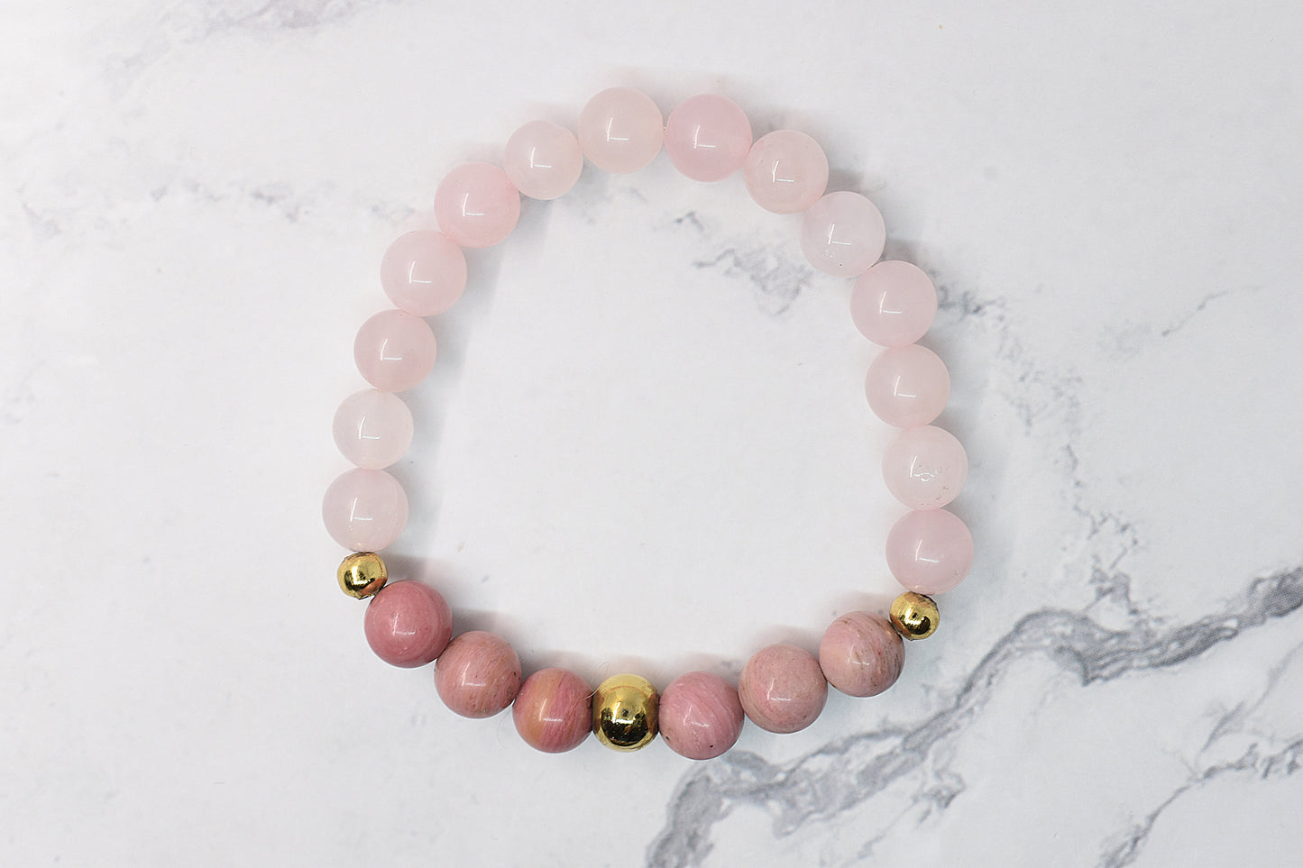 Bracelet in rose quartz stone and rhodonite, handmade in Québec