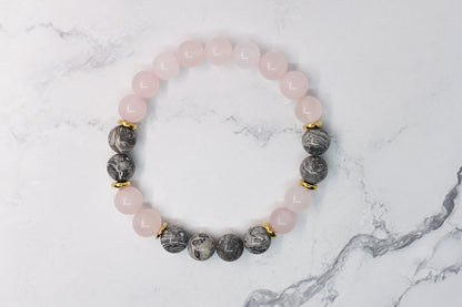 Bracelet in gray jasper stone and rose quartz, handmade in Québec