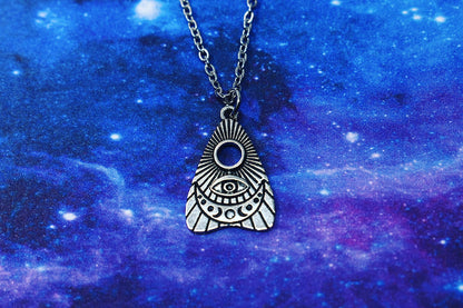 Mystical Necklace with Ouija Board Planchette Pendant, Eye and Moon Phases - Stainless Steel Chain
