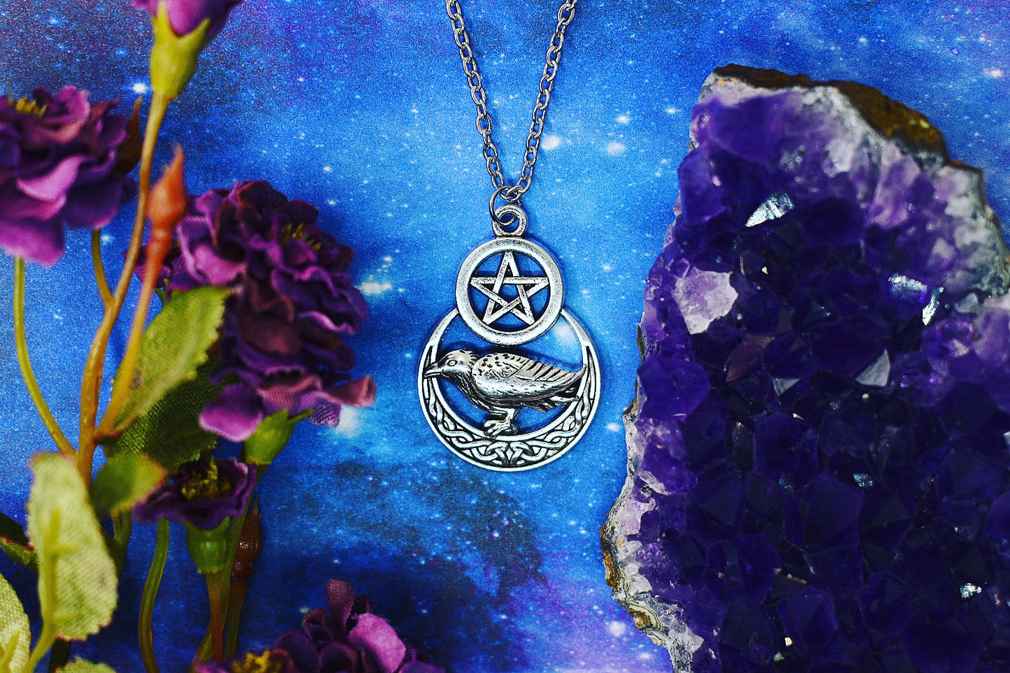 Raven pendant with pentacle and Celtic crescent moon