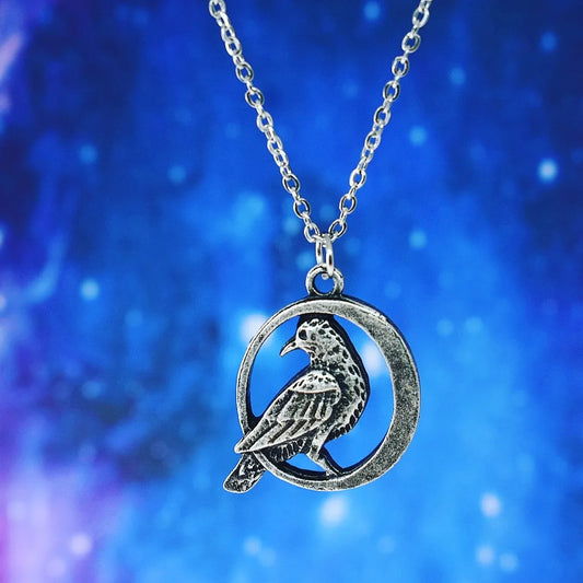 Raven pendant with crescent moon