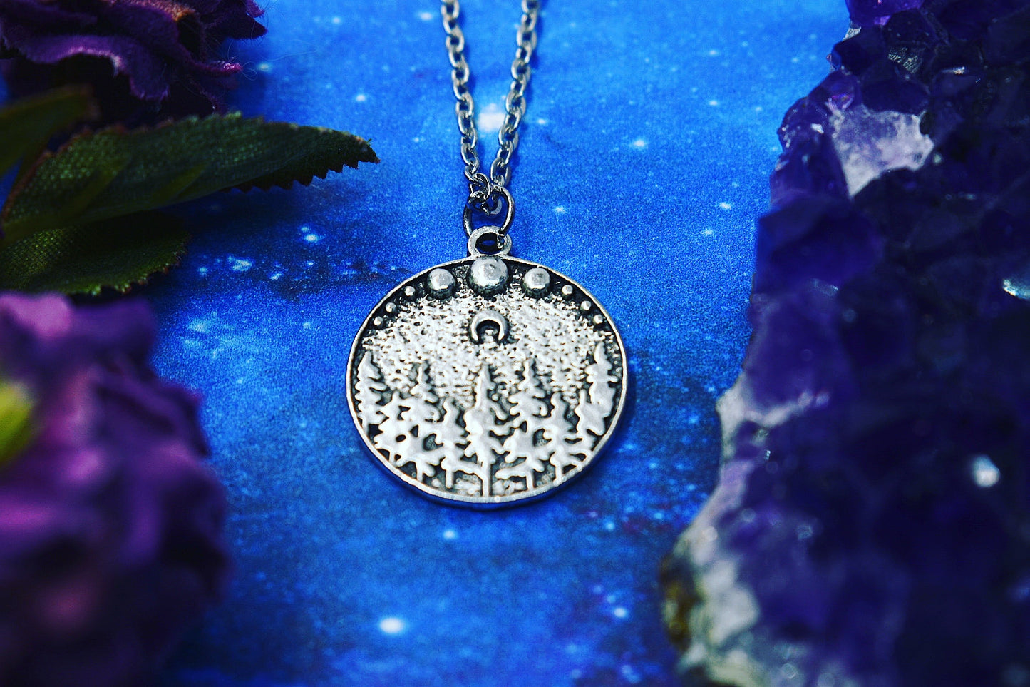 Pendant with forest, crescent moon and moon phase