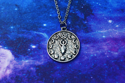 Goddess pendant, moon phase and pentacle, wicca jewelry, witch, goth