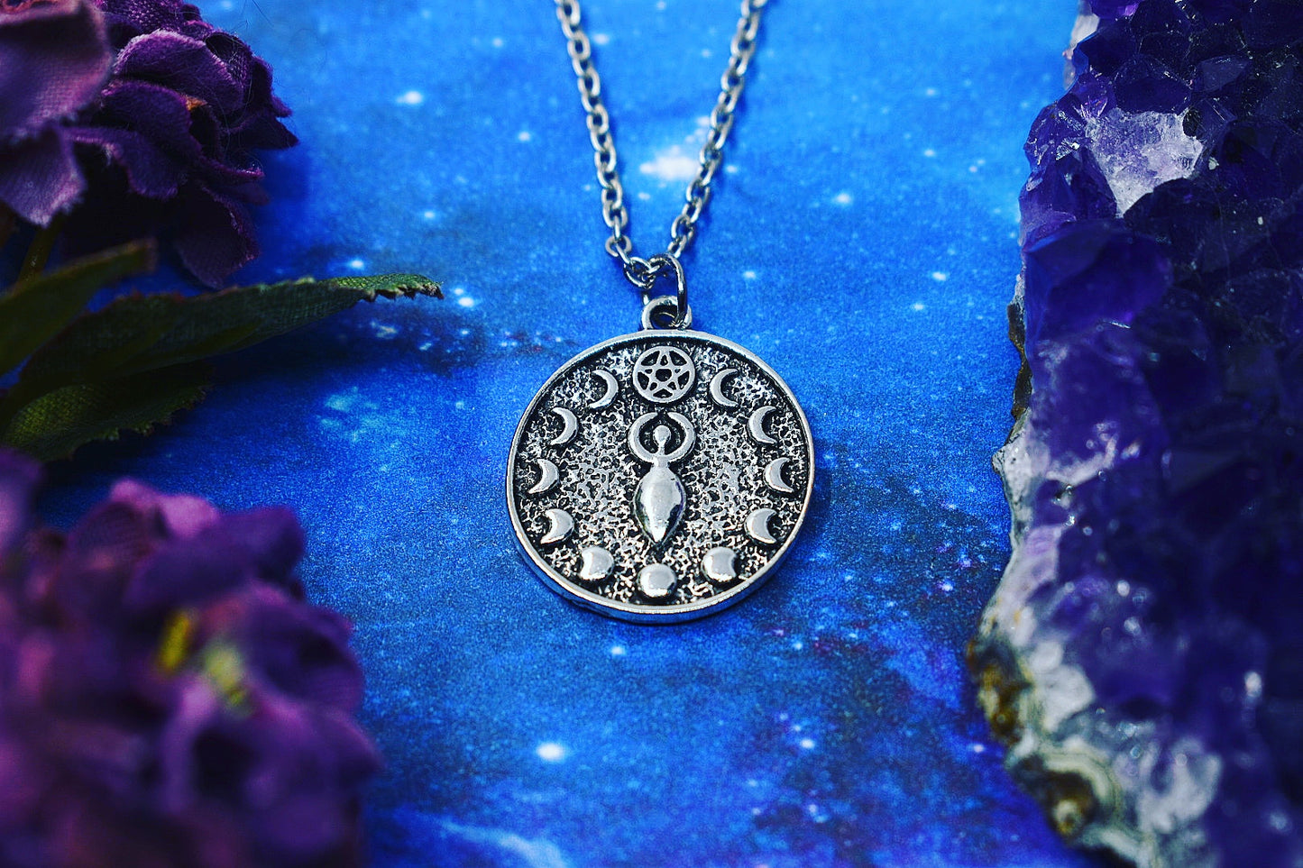 Goddess pendant, moon phase and pentacle, wicca jewelry, witch, goth