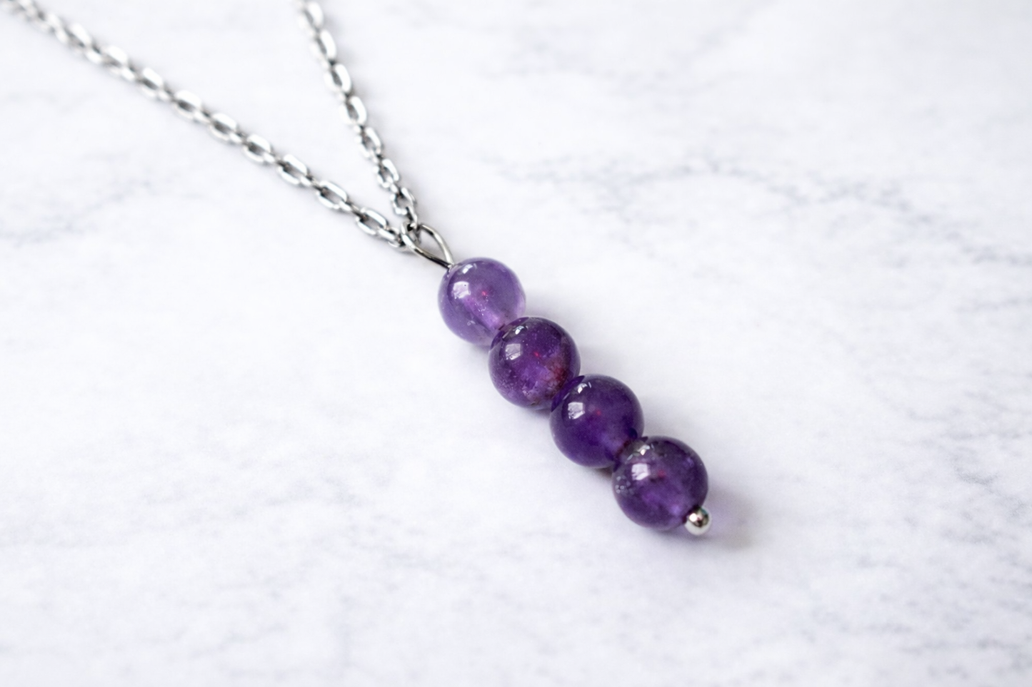 Amethyst Pendant – 6 mm Beads, Stainless Steel