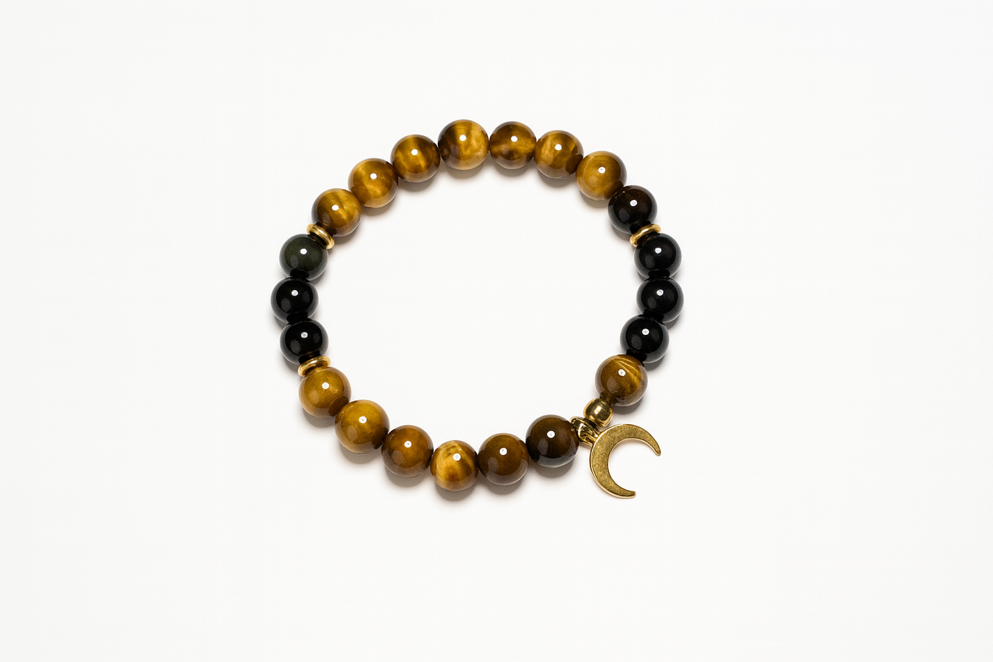 Tiger Eye & Rainbow Obsidian Bracelet – Moon Charm, handmade in Québec