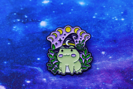 Frog with Witch's Hat & Moon Phases Enamel Pin - Magical Amphibian Lapel Pin