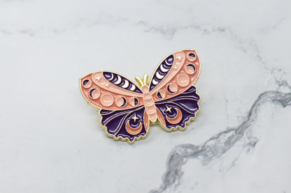 Butterfly with Moon Phases Enamel Brooch - Celestial Nature-Inspired Accessory