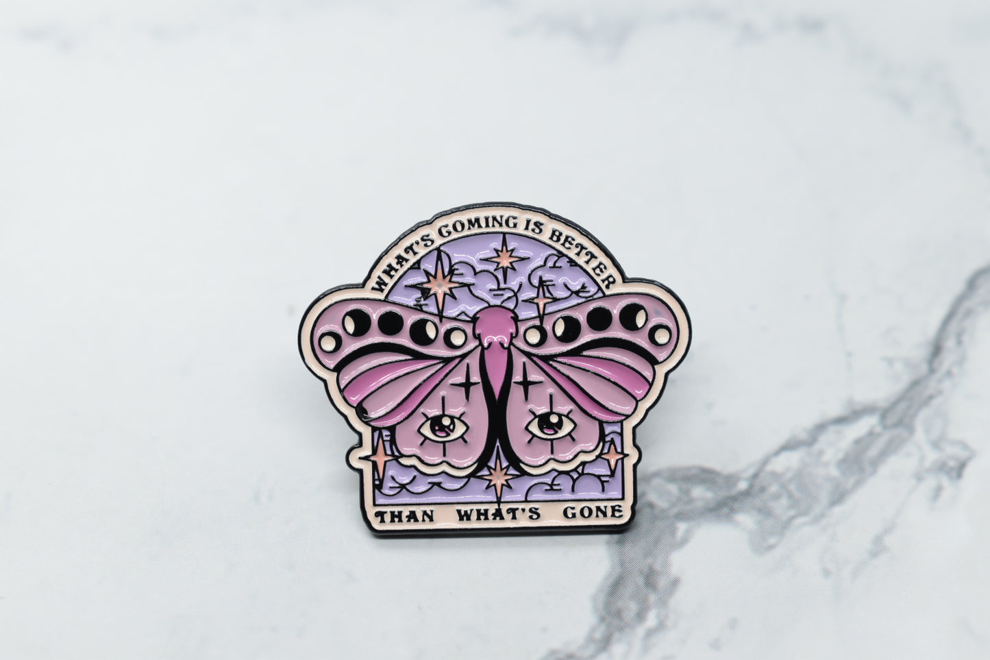 Moth & Cosmic Elements Enamel Pin "What's Coming is Better Than What's Gone" - Mystical Nature Lapel Pin