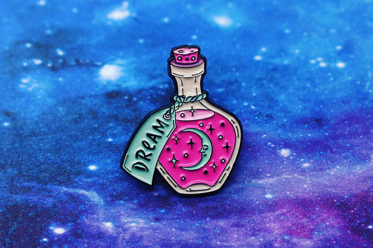 Dream Bottle Enamel Pin with Pink Liquid & Crescent Moon - Whimsical Fantasy Lapel Pin