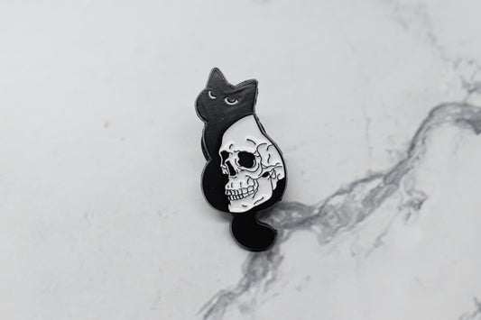 Black Cat & Skull Enamel Pin - Mysterious Gothic Lapel Pin