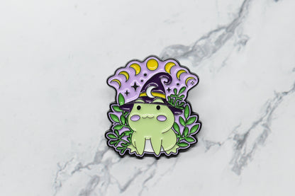 Frog with Witch's Hat & Moon Phases Enamel Pin - Magical Amphibian Lapel Pin