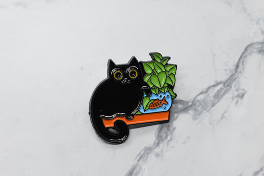 Black Cat & Goldfish Aquarium Enamel Pin - Unique Plant and Pet-Themed Lapel Pin