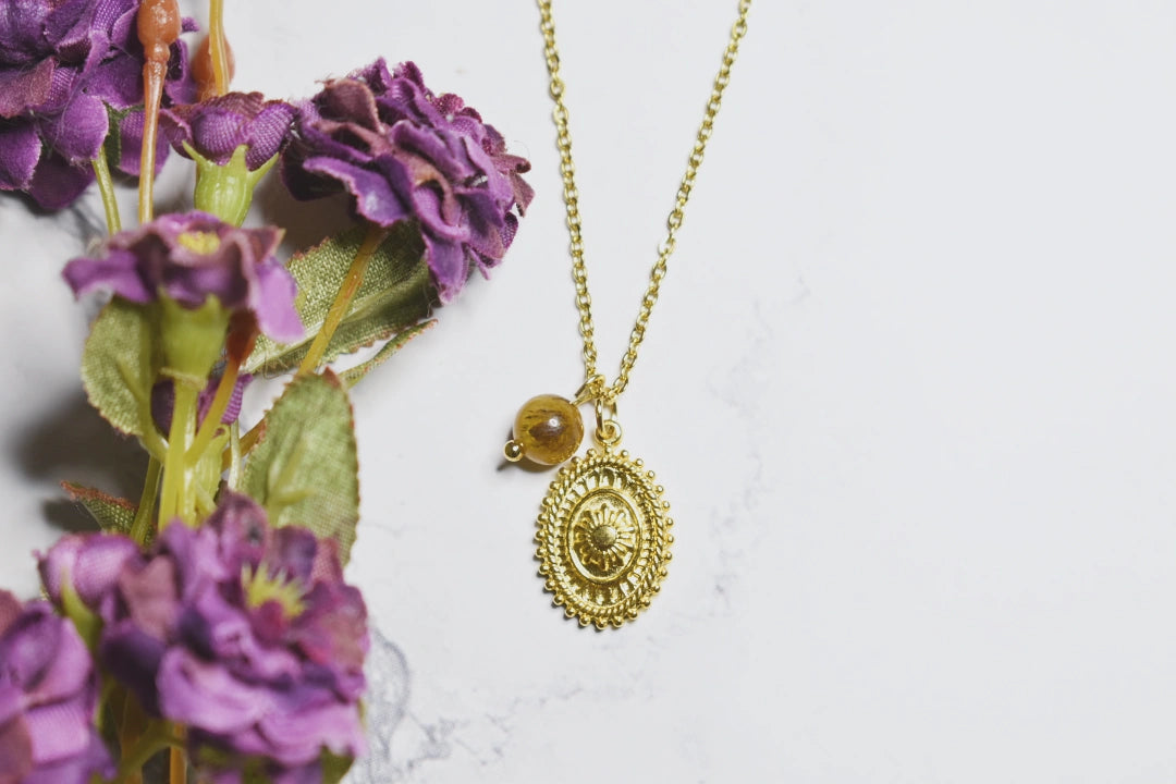Gold Necklace – Floral Medallion & Tiger Eye Bead