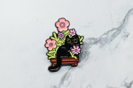 Black Cat with Flower Enamel Pin - Elegant Floral Cat Lapel Pin