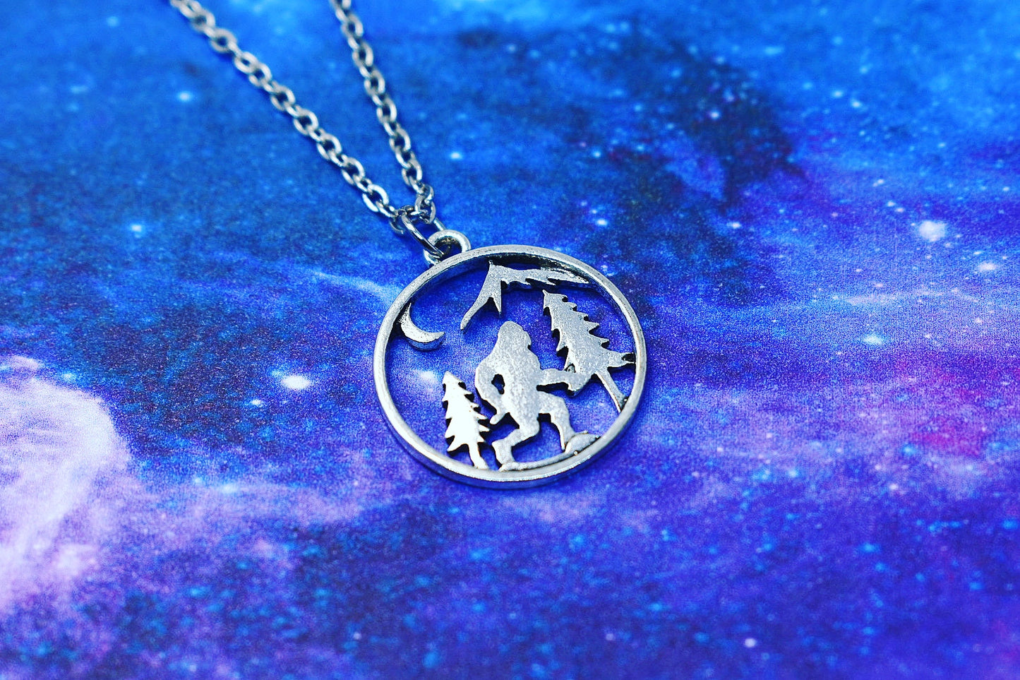 Snowman Necklace with Pine Tree, Crescent Moon, & Mountain - Stainless Steel Chain