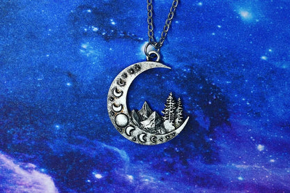 Crescent Moon Necklace with Moon Phase, Wicca Jewelry, Gothic Jewelry