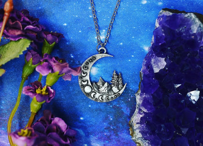 Crescent Moon Necklace with Moon Phase, Wicca Jewelry, Gothic Jewelry