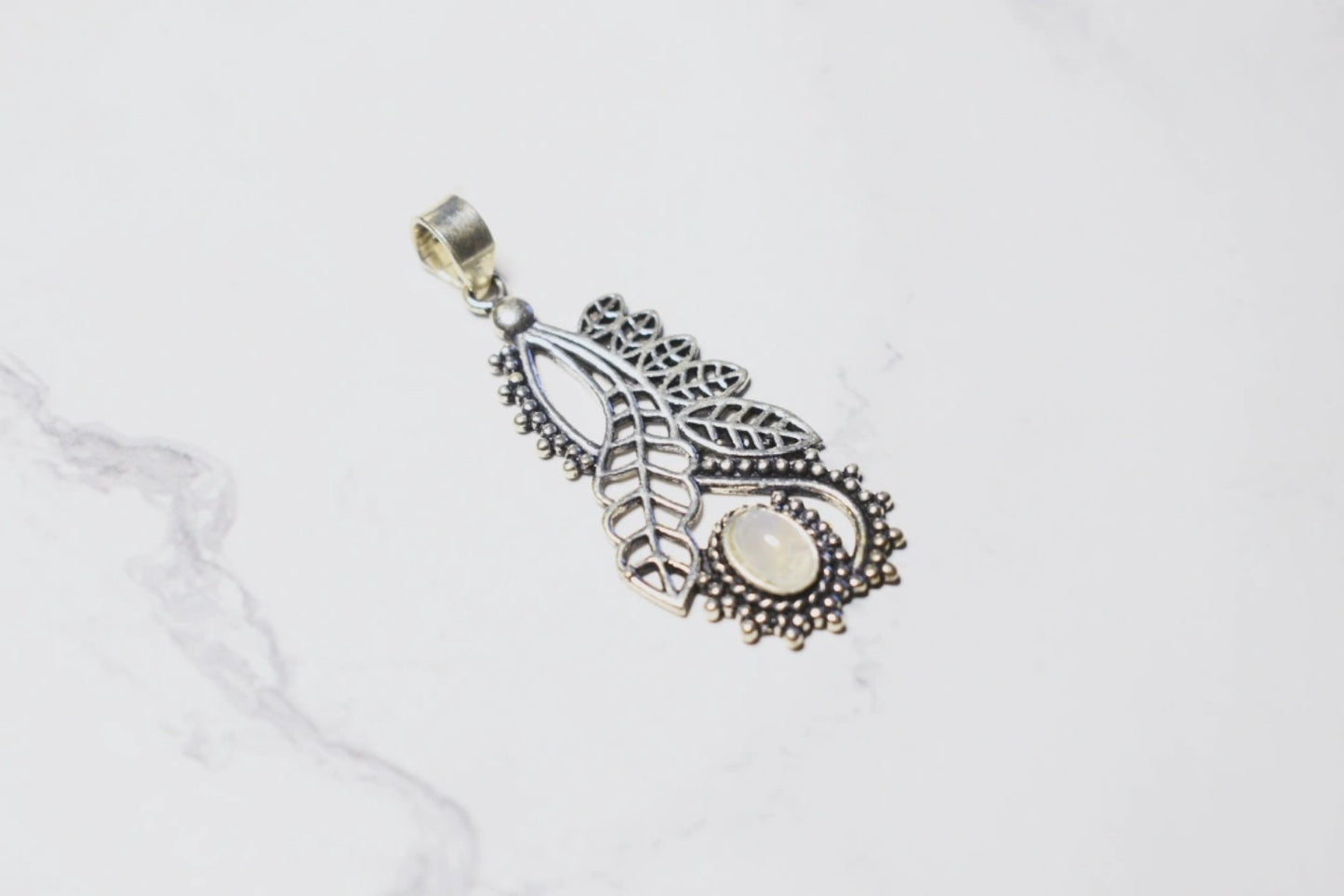 Moonstone Pendant – Plated 925 Sterling Silver, Boho Leaf Design