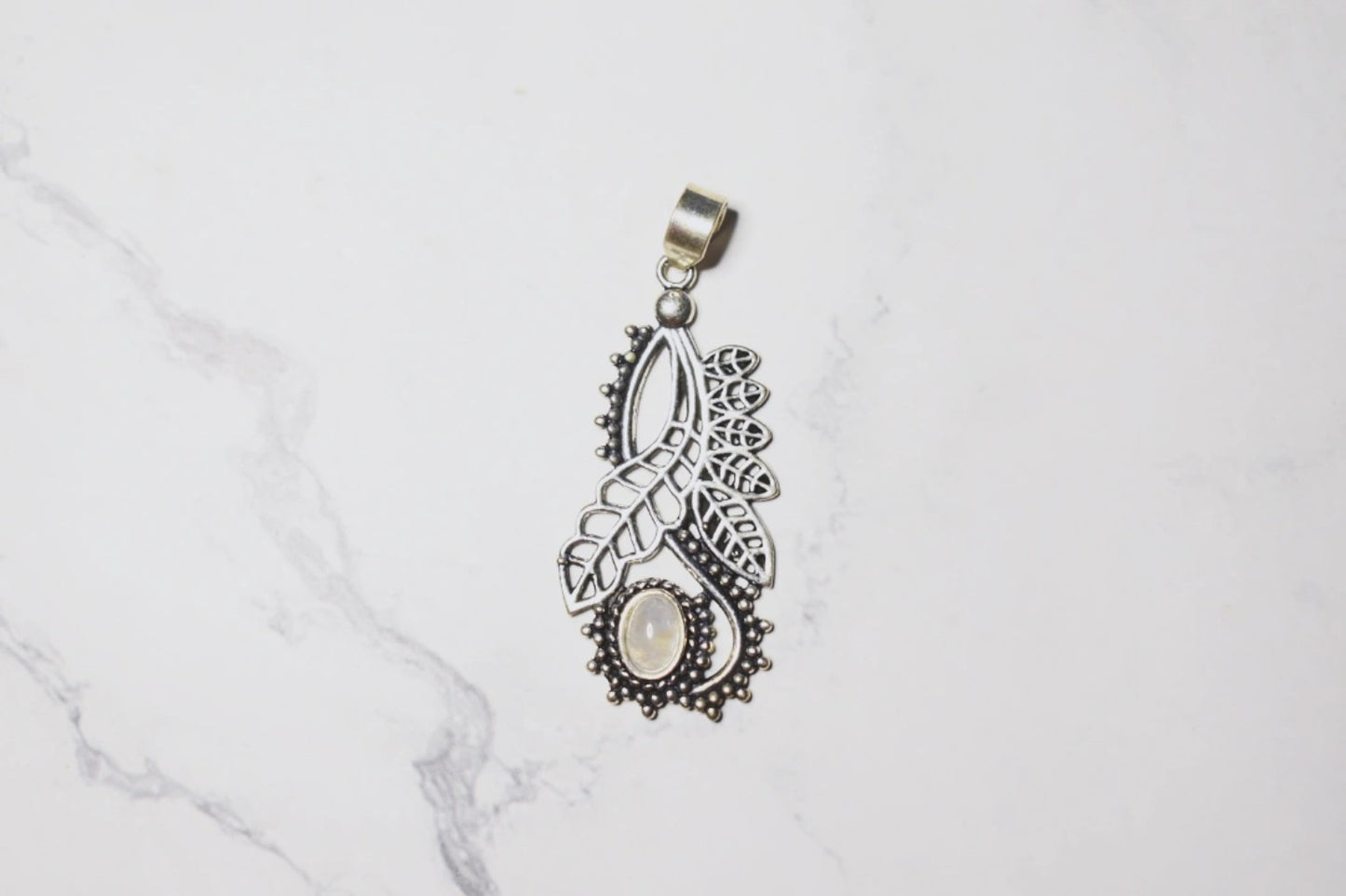 Moonstone Pendant – Plated 925 Sterling Silver, Boho Leaf Design