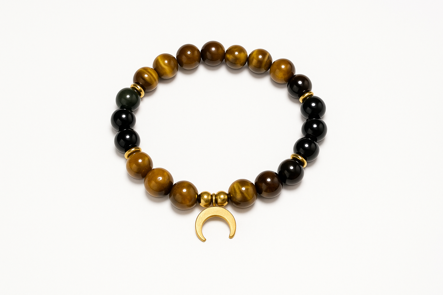 Tiger Eye & Rainbow Obsidian Bracelet – Moon Charm, handmade in Québec