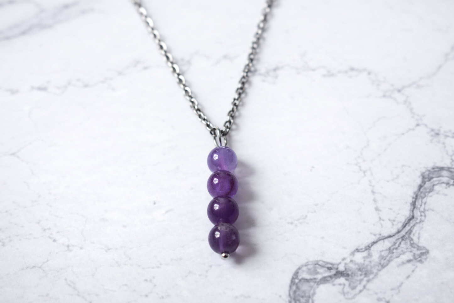 Amethyst Pendant – 6 mm Beads, Stainless Steel