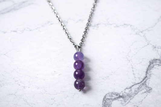 Amethyst Pendant – 6 mm Beads, Stainless Steel