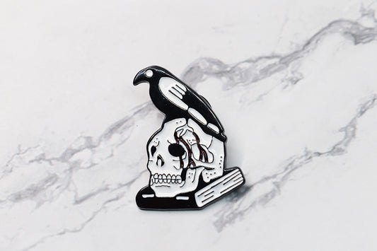 Raven on Skull Enamel Pin