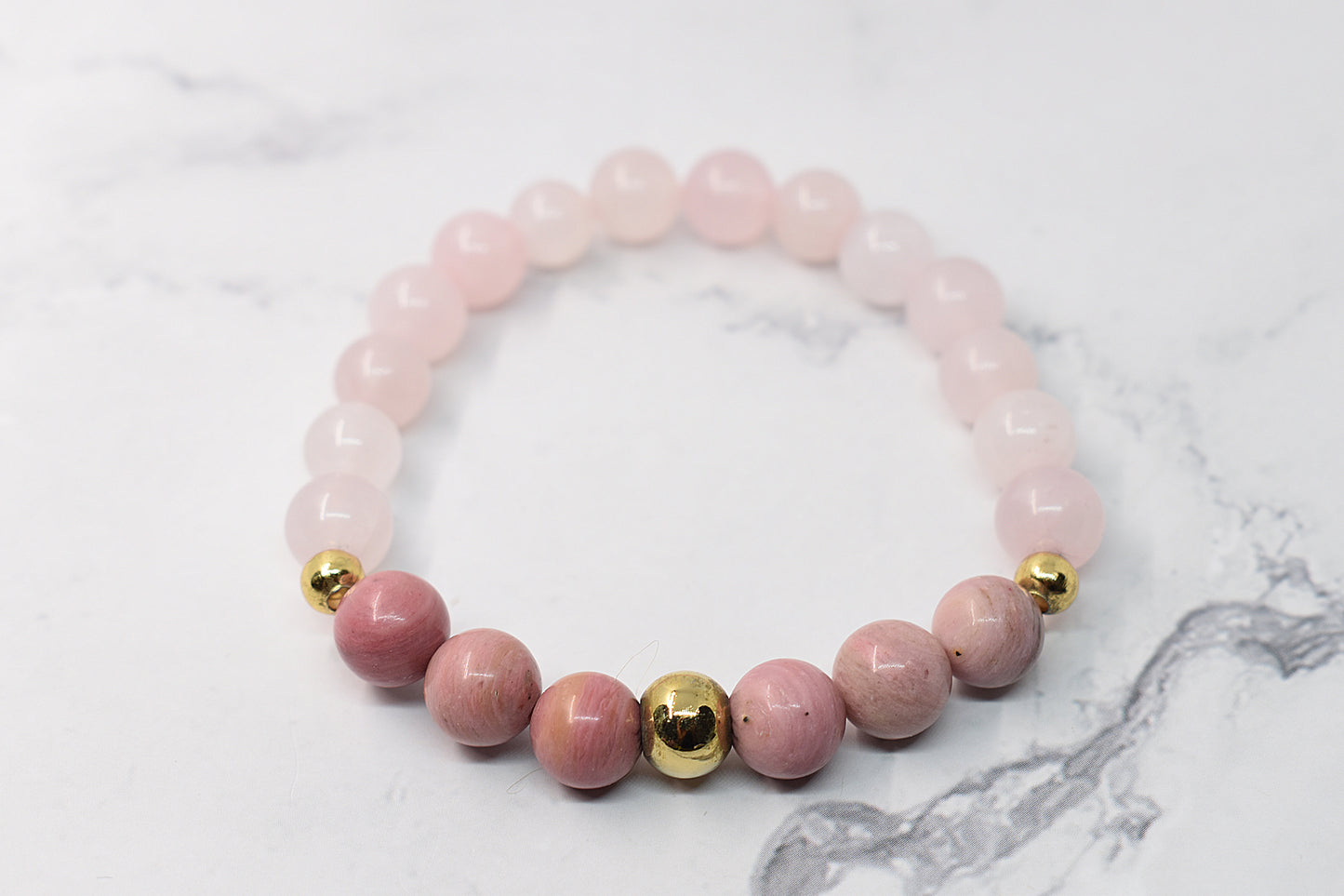 Bracelet en pierre de quartz rose et rhodonite, fait à la main au Québec