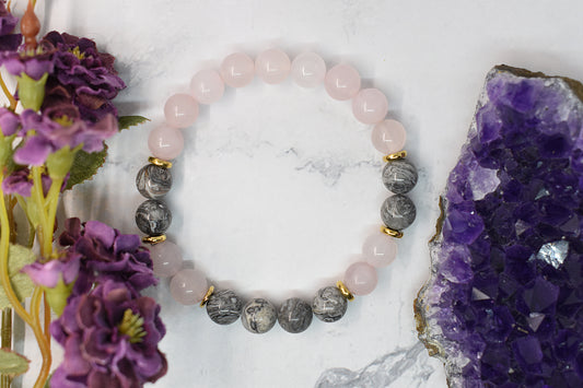 Bracelet en pierre de jaspe gris et quartz rose, fait à la main au Québec