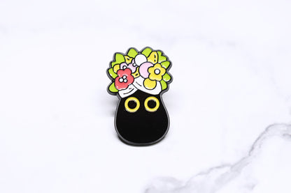 Black Cat Enamel Pin with Flowers on Head