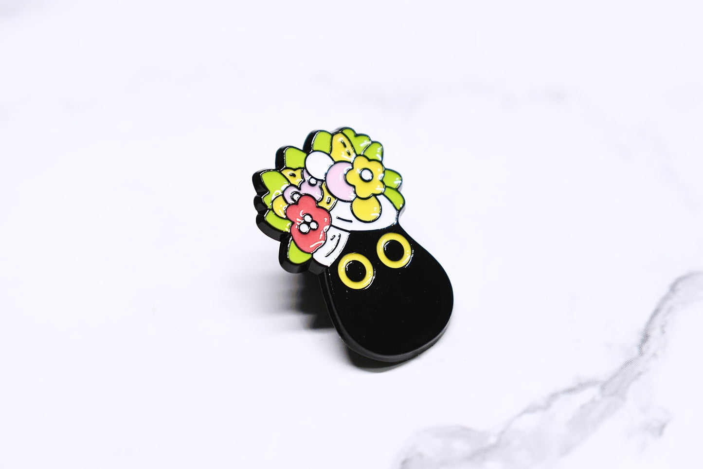 Black Cat Enamel Pin with Flowers on Head