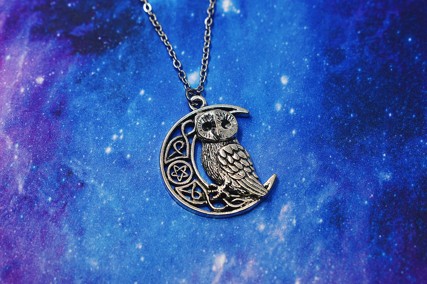 Necklace with owl pendant on a crescent moon with Celtic and wicca symbol