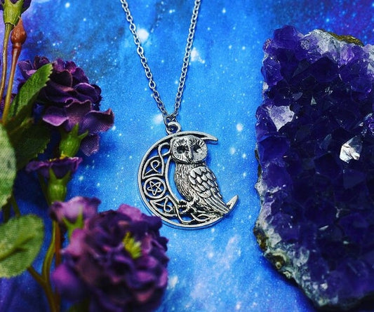 Necklace with owl pendant on a crescent moon with Celtic and wicca symbol