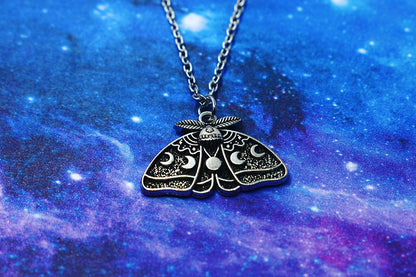 moth necklace, triple moon, phase moon, witch jewelry, witch necklace, goth