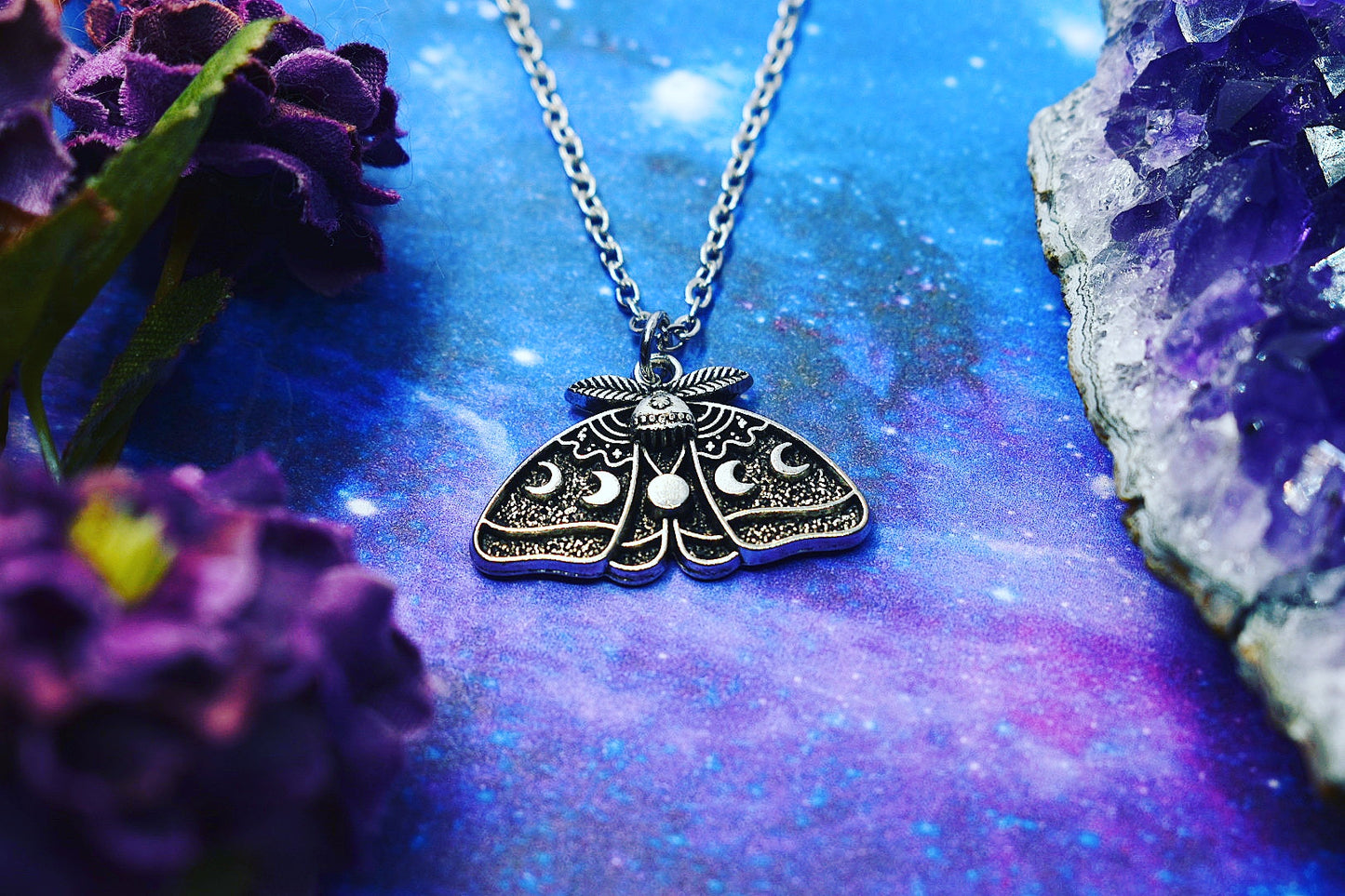 moth necklace, triple moon, phase moon, witch jewelry, witch necklace, goth