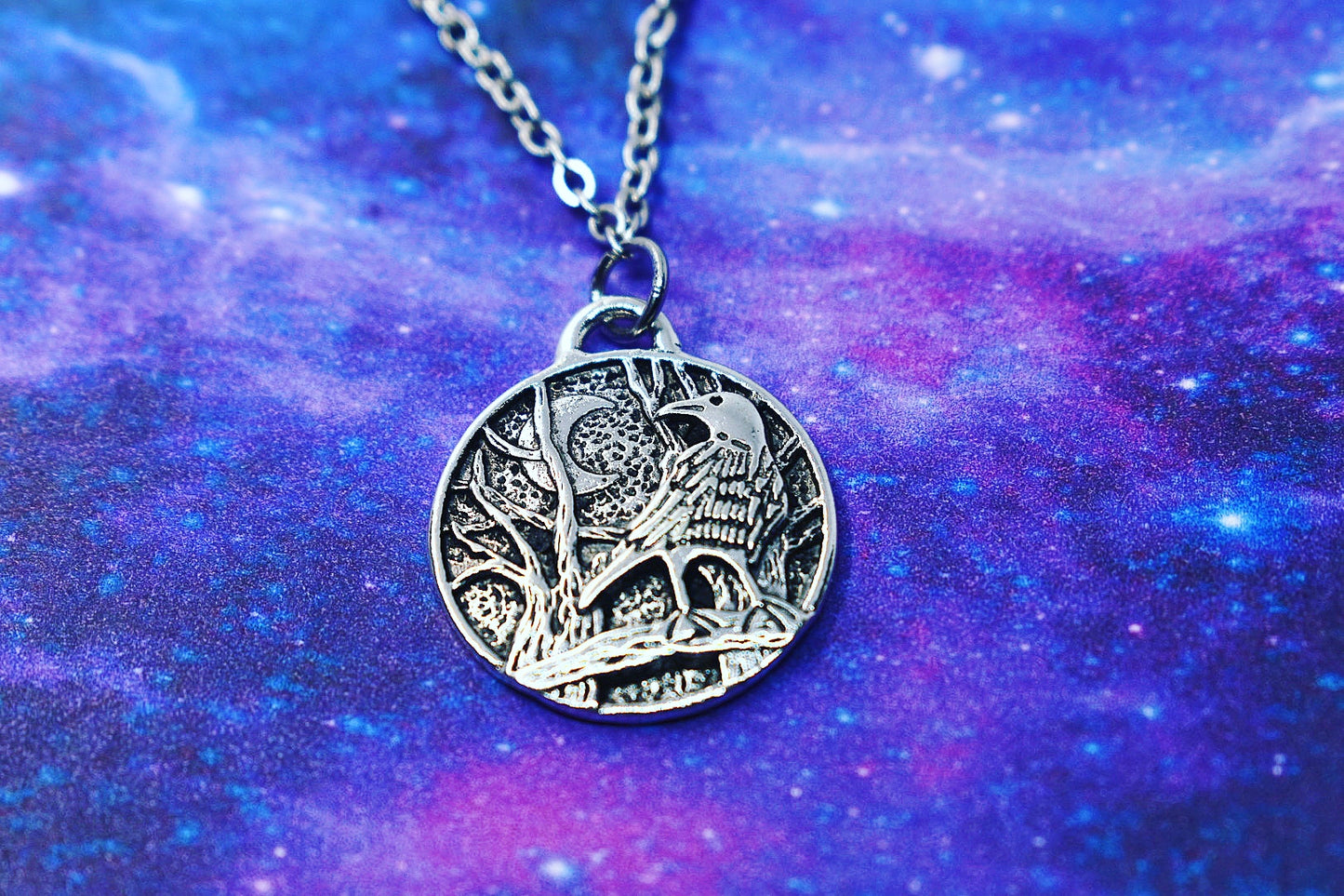 Necklace with raven and crescent moon