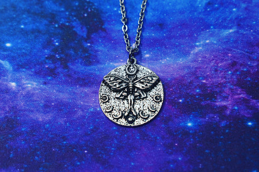 Moth pendant with moon phase, witch jewelry, goth