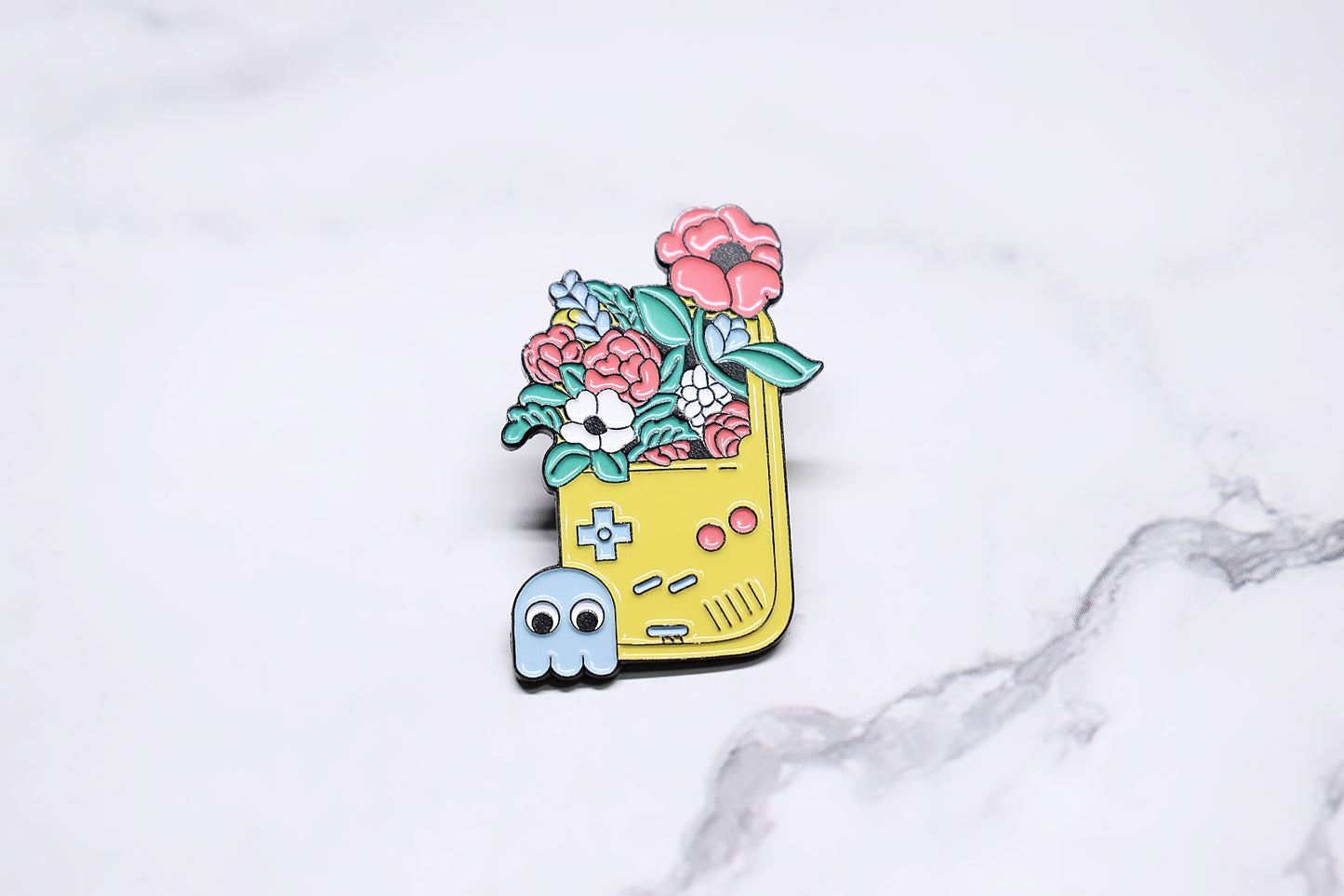 Gameboy Enamel Pin with Flowers and Pac-Man Ghost