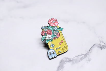 Gameboy Enamel Pin with Flowers and Pac-Man Ghost