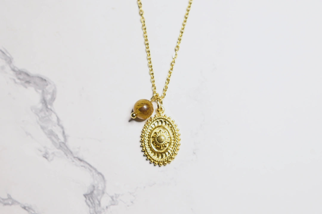 Gold Necklace – Floral Medallion & Tiger Eye Bead
