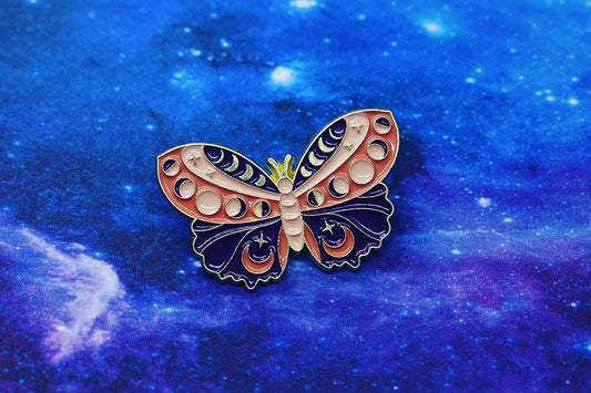 Papillon avec broche en émail phases de lune - Accessoire inspiré de la nature céleste