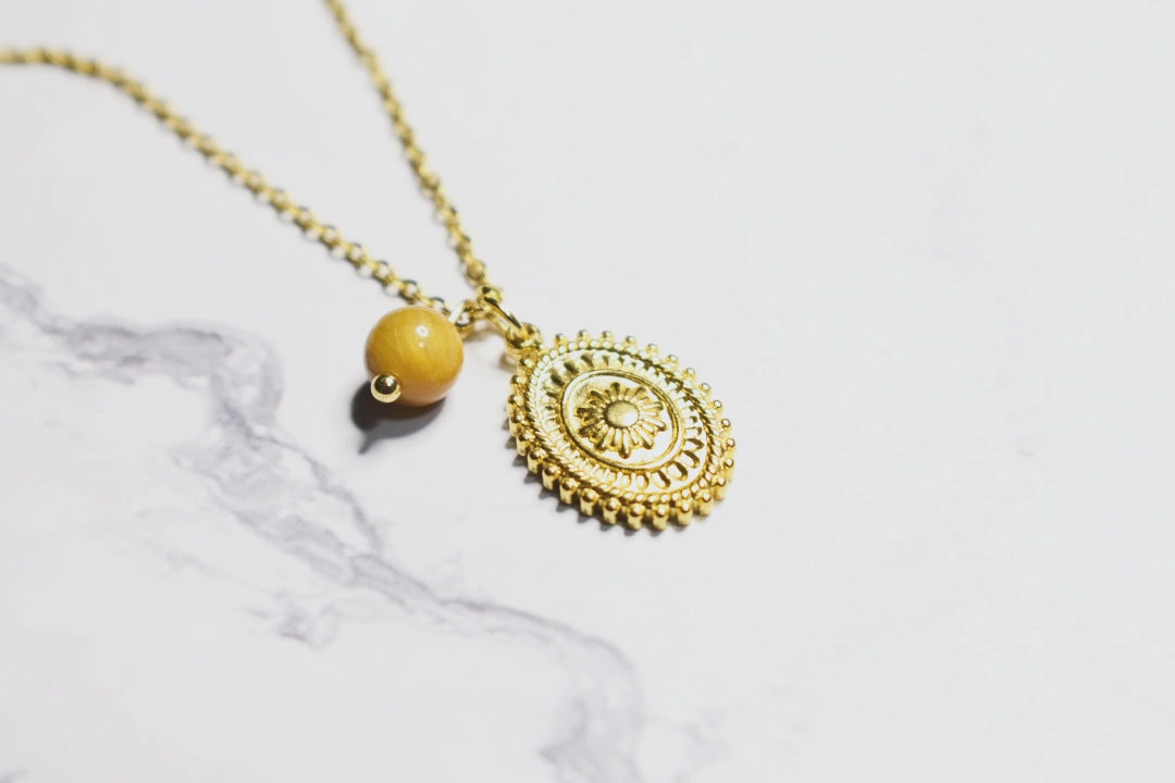 Gold Necklace – Floral Medallion & Tiger Eye Bead