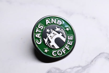 "Cats and Coffee" Enamel Pin Inspired by Starbucks Logo with Cat