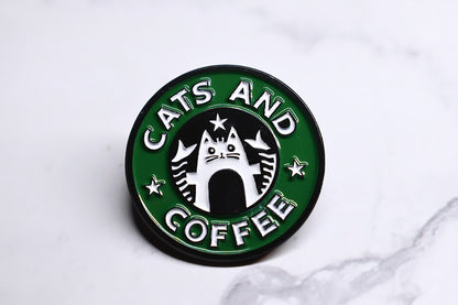 "Cats and Coffee" Enamel Pin Inspired by Starbucks Logo with Cat